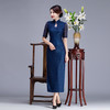 RY-9146日常复古，时尚高开衩礼服蓝色长款蕾丝旗袍 商品缩略图0