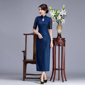 RY-9146日常复古，时尚高开衩礼服蓝色长款蕾丝旗袍