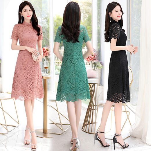 XR-7A29夏季气质款通勤立领高腰长裙镂空连衣裙 商品图1