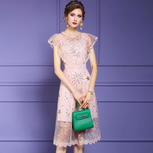 FMY-F20XL33040夏季名媛淑女减龄亮片超仙网布绣花连衣裙 商品图1