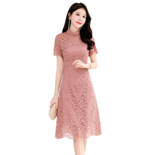 XR-7A29夏季气质款通勤立领高腰长裙镂空连衣裙 商品图4