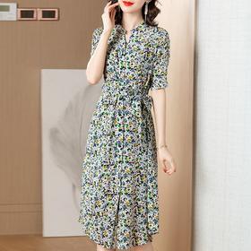 SP-X042107真丝2020夏新款欧美时尚碎花中长款腰带裙