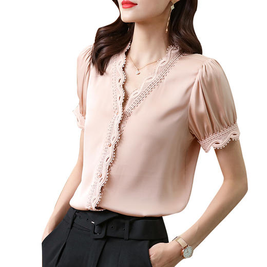 SS-0108 纯色真丝欧洲站V领蕾丝拼接丝绸缎面上衣 商品图4
