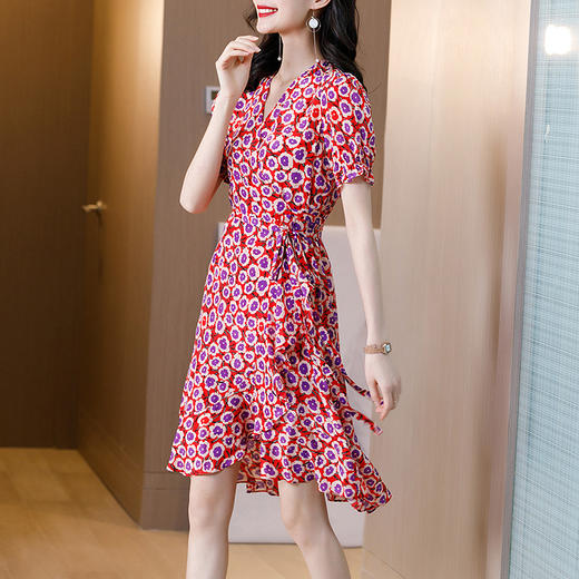 SS-04-1807法式复古红色茶歇裙荷叶边真丝碎花连衣裙 商品图1