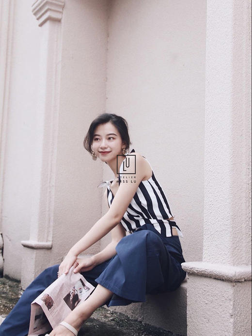 AtelierMissLu-「就是这么飒」 藏青蝴蝶结可调节阔腿裤-00066A 商品图3