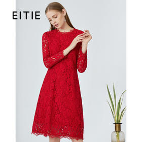 EITIE爱特爱品牌女装秋季时尚修身高腰圆领蕾丝连衣裙5807543