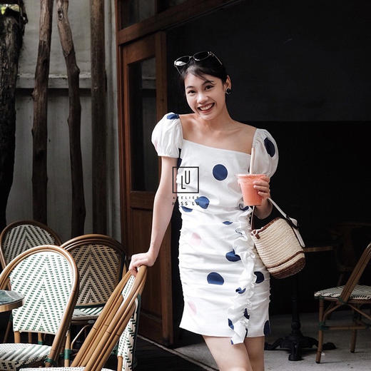 AtelierMissLu-「好身材大小姐」趣味波点趣味泡泡袖紧身裙-0000618 商品图1