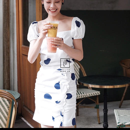 AtelierMissLu-「好身材大小姐」趣味波点趣味泡泡袖紧身裙-0000618 商品图0