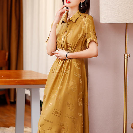 NYT-20118-2新款翻领单排扣弹力松紧腰真丝连衣裙 商品图2
