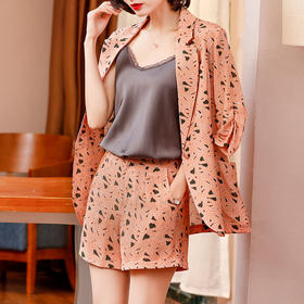 NYT-20195-5真丝双绉套装  西装领修身显瘦桑蚕丝上衣+短裤两件套