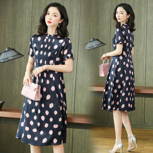 ASE-2258 时尚印花优雅真丝桑蚕丝大码连衣裙 商品图0