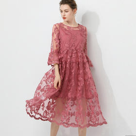 JRY-7665F2胖mm大码新款宽松时尚蕾丝刺绣连衣裙