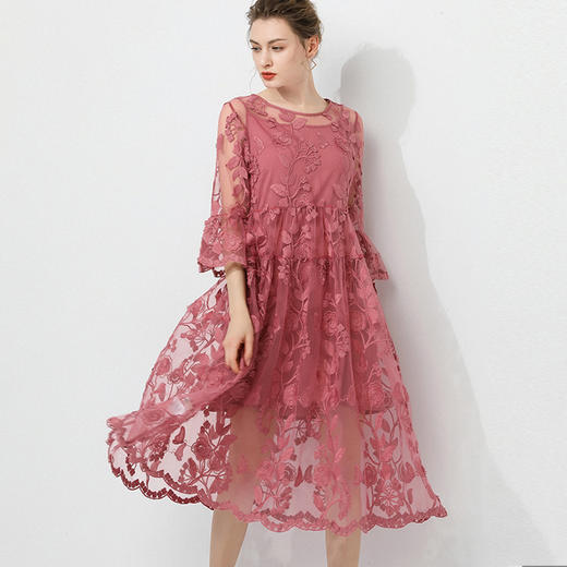 JRY-7665F2胖mm大码新款宽松时尚蕾丝刺绣连衣裙 商品图0