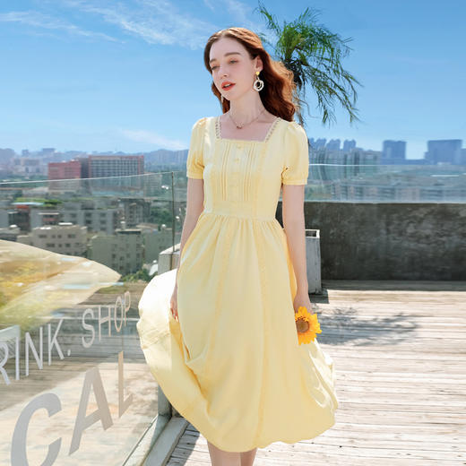 KF-KF67202夏新款方领桔梗法式雪纺泡泡袖短袖复古公主裙 商品图0