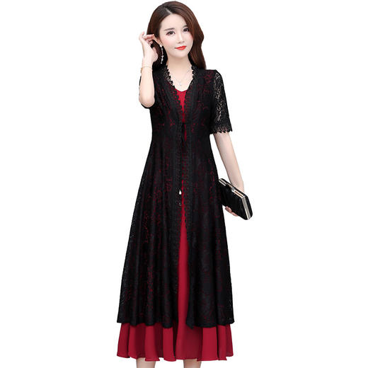 YWE-XYKL-6620新款修身女五分袖中长款蕾丝外套背心裙 商品图4