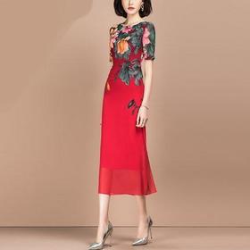 OLN715 2020新款收腰显瘦印花修身气质雪纺包臀连衣裙