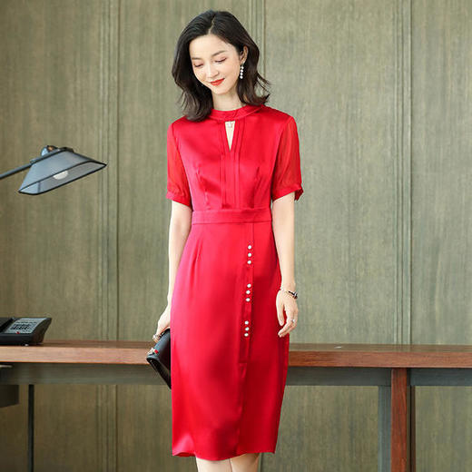 HRFS-WA66369新款镂空圆领优雅真丝连衣裙 商品图3