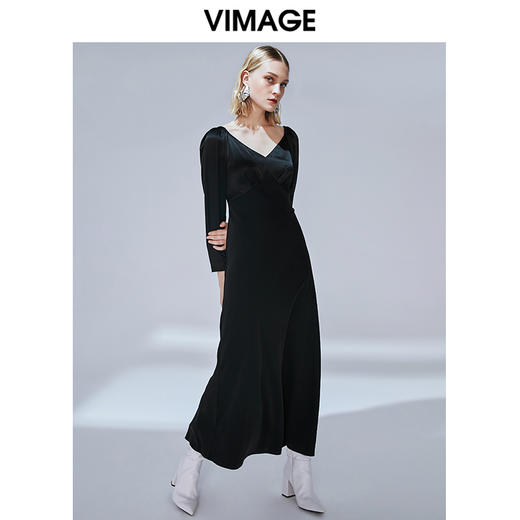 VIMAGE纬漫纪秋款时尚性大V领复古泡泡袖修身礼服连衣裙V1477005 商品图7