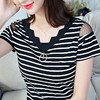 ZZ-DC6607新款条纹T恤纯棉V领网格拼接短袖上衣 商品缩略图1