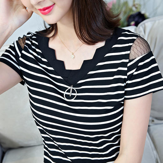 ZZ-DC6607新款条纹T恤纯棉V领网格拼接短袖上衣 商品图1