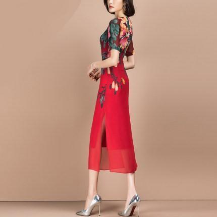 OLN715 2020新款收腰显瘦印花修身气质雪纺包臀连衣裙 商品图2