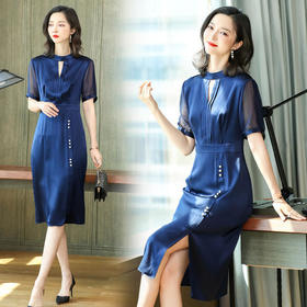 HRFS-WA66369新款镂空圆领优雅真丝连衣裙