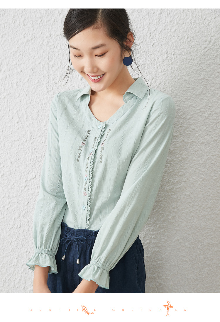 豆绿色衬衫喇叭袖藏肉衬衣打底长袖个性上衣