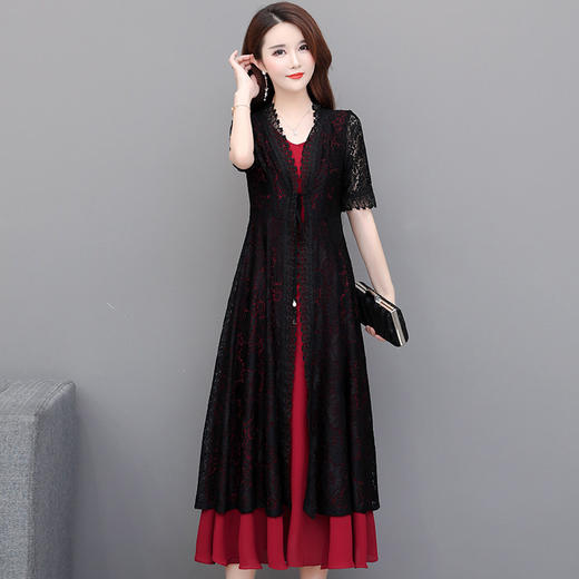 YWE-XYKL-6620新款修身女五分袖中长款蕾丝外套背心裙 商品图0