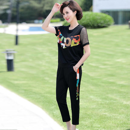 w 228 夏装运动套装洋气减龄新款中老年女装短袖t恤休闲两件套
