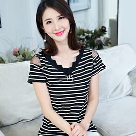 ZZ-DC6607新款条纹T恤纯棉V领网格拼接短袖上衣