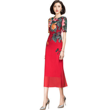 OLN715 2020新款收腰显瘦印花修身气质雪纺包臀连衣裙 商品图4