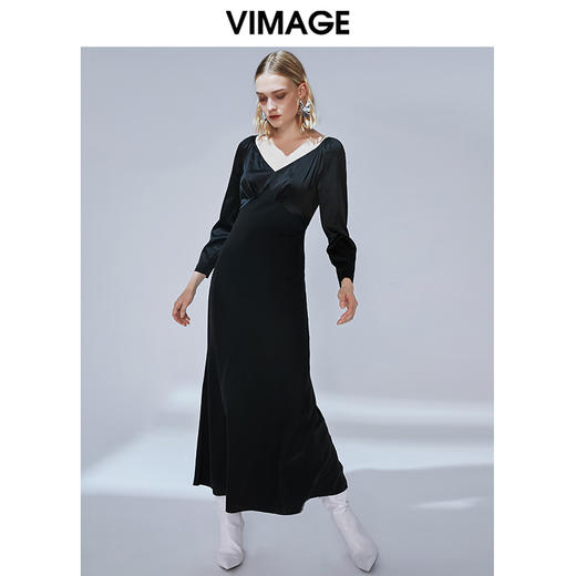 VIMAGE纬漫纪秋款时尚性大V领复古泡泡袖修身礼服连衣裙V1477005 商品图5