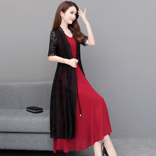 YWE-XYKL-6620新款修身女五分袖中长款蕾丝外套背心裙 商品图1