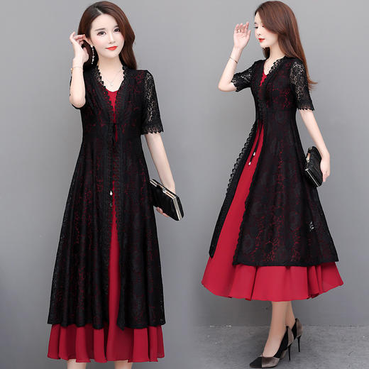 YWE-XYKL-6620新款修身女五分袖中长款蕾丝外套背心裙 商品图3