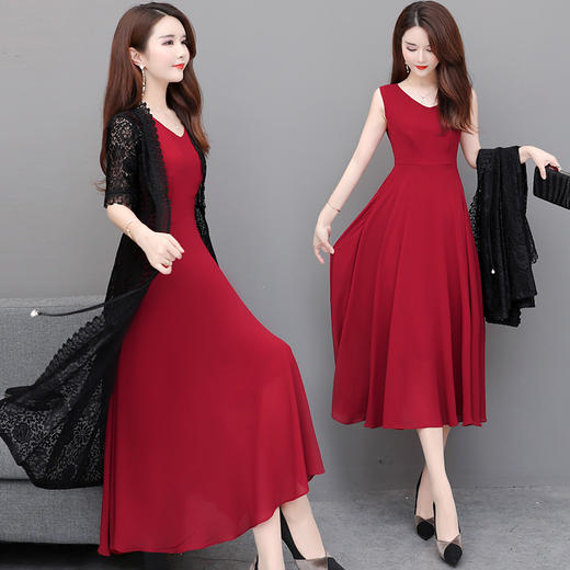 YWE-XYKL-6620新款修身女五分袖中长款蕾丝外套背心裙 商品图2