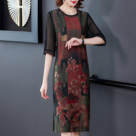 JJ-7658香云纱夏新款高档中长款妈妈装宽松显瘦连衣裙