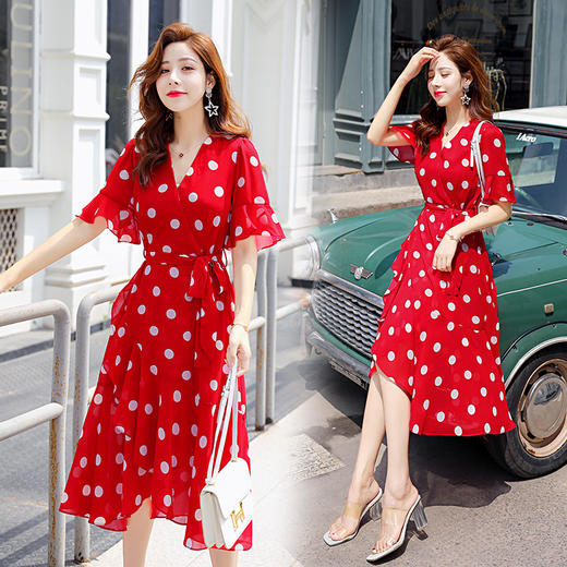 WZNH-ZYDX7705配腰带  圆点新款V领韩版优雅百搭潮流收腰显瘦连衣裙 商品图1