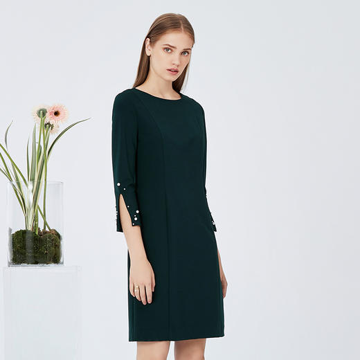 EITIE爱特爱女装秋款时尚气质通勤职业显瘦喇叭袖连衣裙女中裙C2007520 商品图2