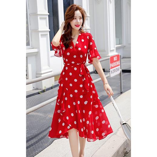 WZNH-ZYDX7705配腰带  圆点新款V领韩版优雅百搭潮流收腰显瘦连衣裙 商品图2