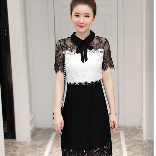 QYYS-S13045唐嫣同款  韩版气质时尚拼接蕾丝短袖修身连衣裙 商品图0