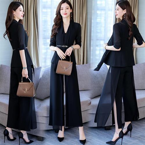 WZNH-HHSJ9907配腰带 荷叶边三件套气质淑女简约不规则套装 商品图1