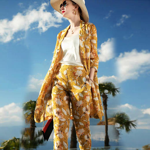 岐氏姐妹 春夏新装苎麻时尚套装女印花中长款苎麻西装休闲裤两件套20-123-DS399 商品图7