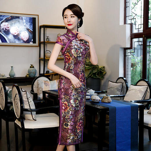 BJ-8003高贵优雅，烧花丝绒立领斜襟短袖婚宴礼服改良旗袍 商品图1