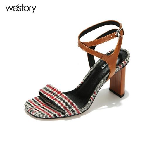 westory高跟格纹一字带凉鞋百搭W282G60361 商品图2