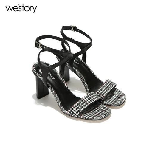 westory高跟格纹一字带凉鞋百搭W282G60361 商品图1
