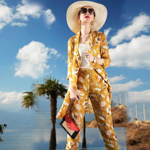 岐氏姐妹 春夏新装苎麻时尚套装女印花中长款苎麻西装休闲裤两件套20-123-DS399 商品图6
