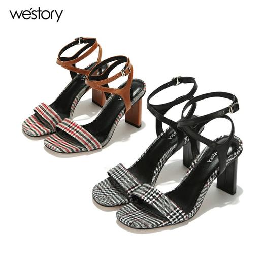 westory高跟格纹一字带凉鞋百搭W282G60361 商品图3