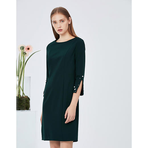 EITIE爱特爱女装秋款时尚气质通勤职业显瘦喇叭袖连衣裙女中裙C2007520 商品图3