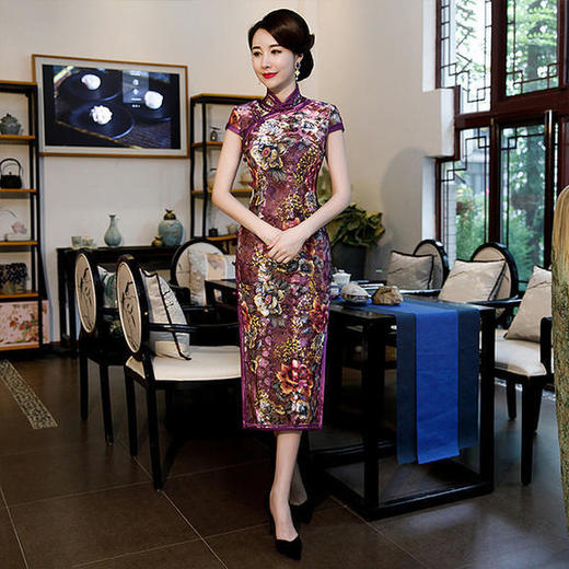 BJ-8003高贵优雅，烧花丝绒立领斜襟短袖婚宴礼服改良旗袍 商品图0