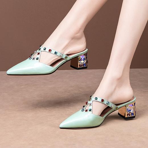 OLD-491新款水钻半拖鞋真皮尖头水晶高跟鞋 商品图0